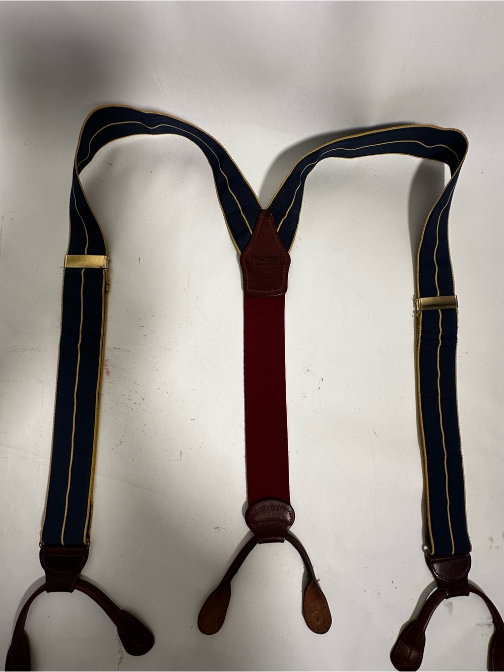 Paul Stuart Navy & Burgundy Leather-Trim Suspenders